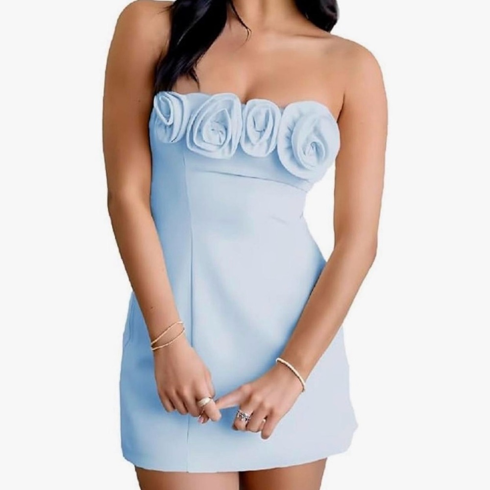 Strapless Light Blue Rose Appliqué Mini Dress Brand New